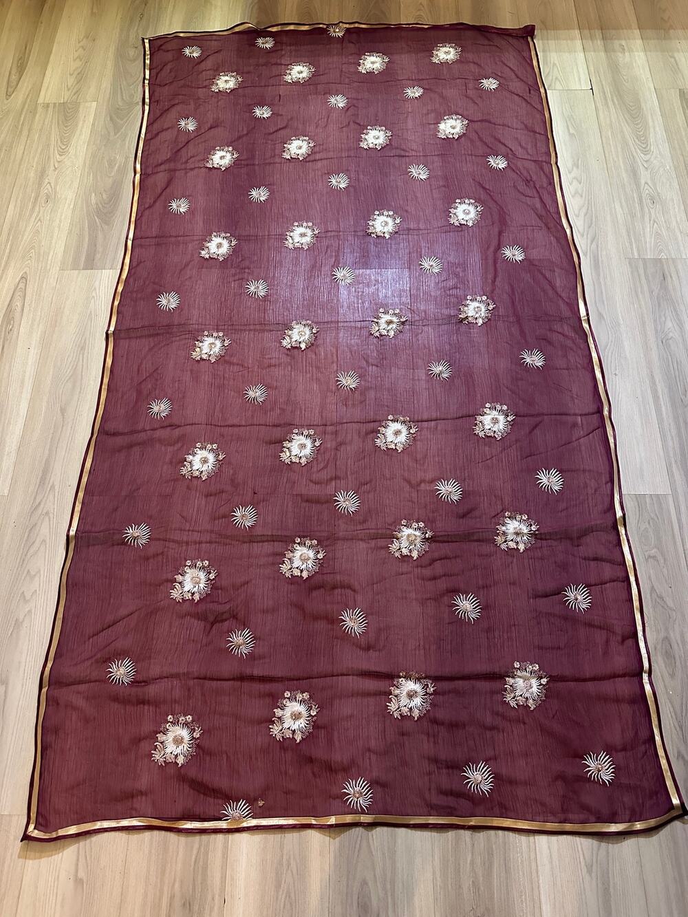 Pakistani Embroidered Maroon Dupatta Scarf Gold Border Floral Shawl Eid Wrap